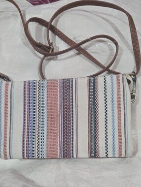 Jen & Co Handwoven Stripe Riley Crossbody Bag - Cream and Brown